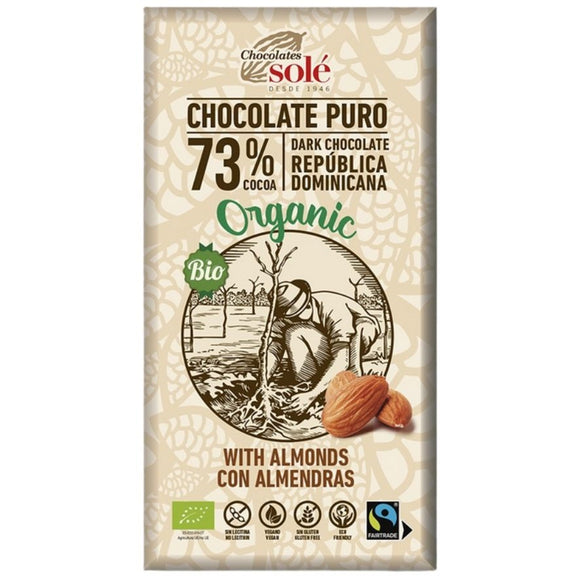 Chocolate Negro 73% Cacao con Almendras Bio Fairtrade 150g - Delicatessin