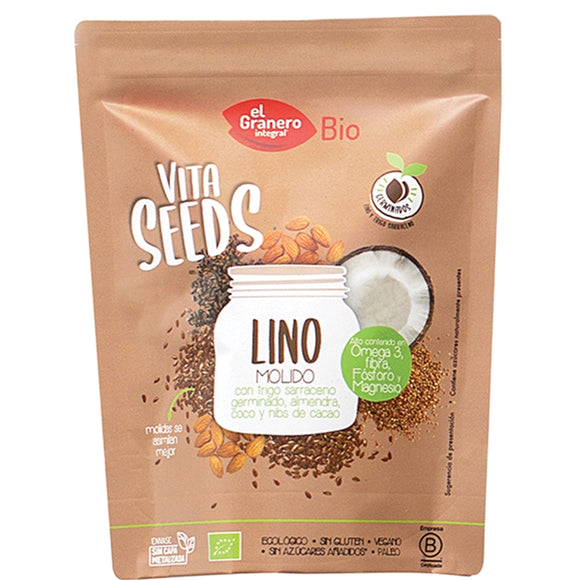 Semillas de Lino con Trigo Sarraceno, Almendras, Coco y Nibs de Cacao Molidas Bio 200g - Delicatessin