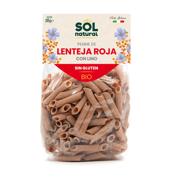 Penne Rigate de Lenteja Roja con Lino Sin Gluten Bio 250g - Delicatessin