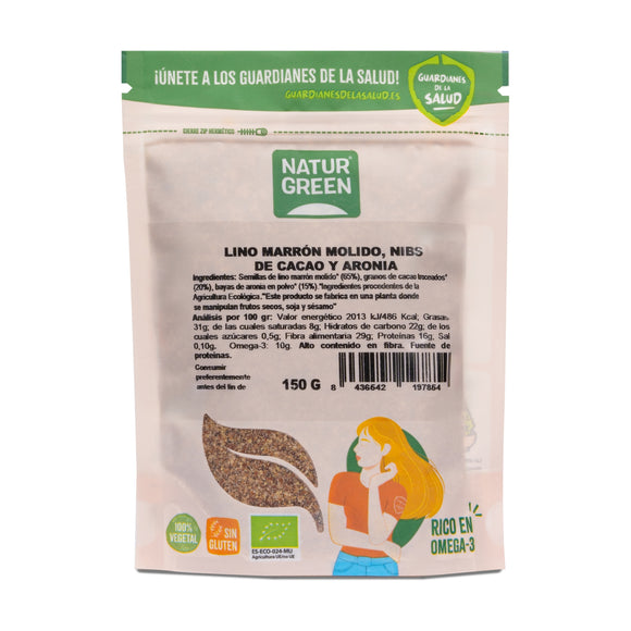 Semillas de Lino con Nibs de Cacao y Bayas de Aronia Molidas Bio 150g - Delicatessin